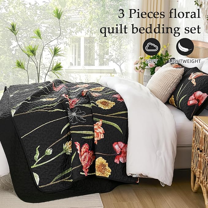 WONGS BEDDING Floral Quilt Set Queen Size, Colorful Black Red Quilt Set with 2 Pillowcase, Lightweight Spring Summer Farmhouse Coverlet Set for All Season (96"x90")