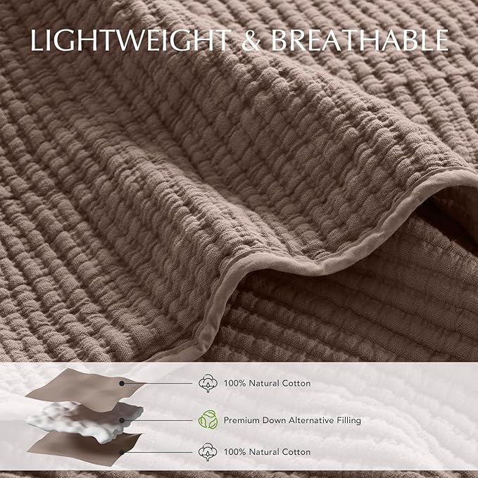 EVERGRACEHOME Cotton Coverlet Set King Size 3 Pieces, Lightweight Soft Ribbed Matelassé Bedspread Quilt Set, Cozy Oversized Quilted Bedding Set with 2 Pillow Shams for All Seasons, Mocha Brown