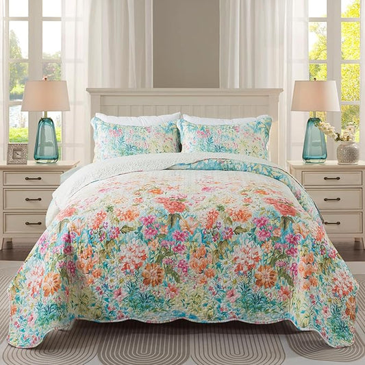 Travan Floral Quilt Queen Quilt Set, Fade Resistant Microfiber Queen Quilt Bedding Set with 1 Quilt Set and 2 Shams Champagne Coverlet Set for All Season, Dream Garden-Champagne, King