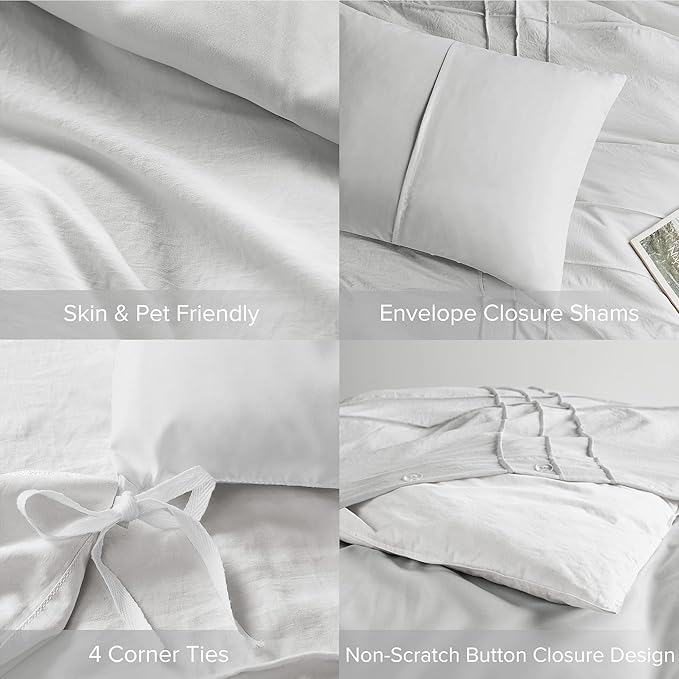 Comfort Spaces Silver Cal King Size Duvet Cover Set - 3-pc Pintuck Pleated Duvet Cover, All Season Lightweight, Extra Softness Pre-Washed Microfiber Cal King Bed Cover Shams, Cal King