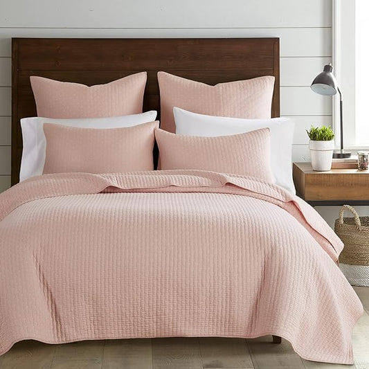 Levtex Home Cross Stitch Reversible King/Cal King Quilt Set (106x92in) and 2 Pillow Shams (36x20in) - Stitch Texture - Blush - Cotton King Size Quilt Bedding Set - Lightweight Soft Pre-Washed