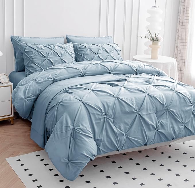 LANE LINEN Full Size Bed Comforter - 7 Piece - Refined Pintuck Finish for Hotel Style Bedding - Breathable Microfiber Bed in a Bag Comforter - Ideal Bedding for Apartments & First Homes - French Blue | Hotel sleep feel, Airy microfiber, Clean bed look,...