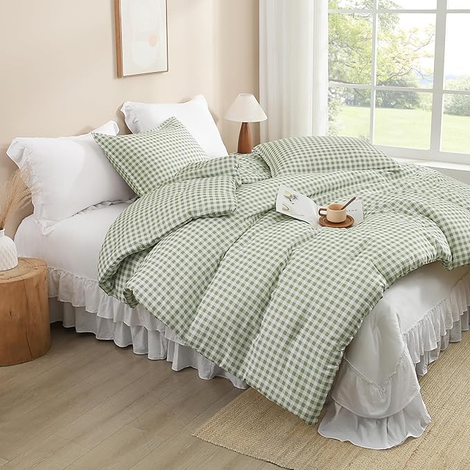 Andency Sage Gingham Comforter Set Twin(66x90Inch), Green Checkered Grid Plaid Buffalo Bed Set for Girls Boys Kids Teens, 2 Pieces Lightweight Microfiber Geometric Preppy Bedding