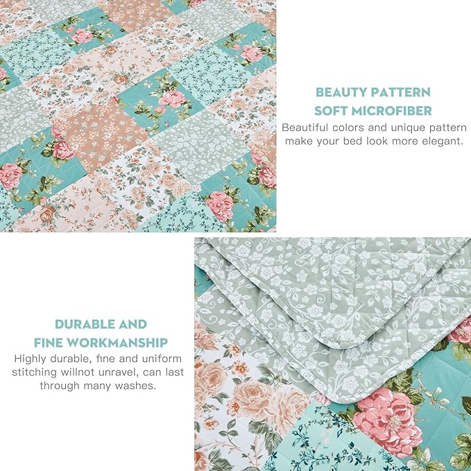 Oversized King Bedspread 138x120 Extra Wide, Farmhouse Patchwork Floral Quilt Bedding Cover, Reversible, 6 Piece, 100% Microfiber, California/Alaskan King, Rosa Chinensis Jacq