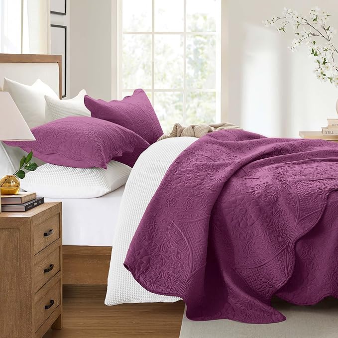 IR Imperial Rooms 10 Pack Queen Quilt Bedding Set (90" x 96") - Bulk Wholesale for Hotels, Guest Bedroom & Airbnbs - Lightweight Microfiber Reversible Floral Embossed Quilts Bedspreads (Purple)