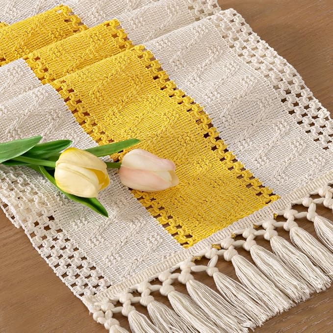 Socomi Boho Table Runner Valentine's Day Farmhouse Rustic Dining Kitchen Centerpiece Decor Small Macrame Woven Cotton Coffee Table Runner for Dresser Scarf Home Decor 12x72 in Yellow Gold Ivory