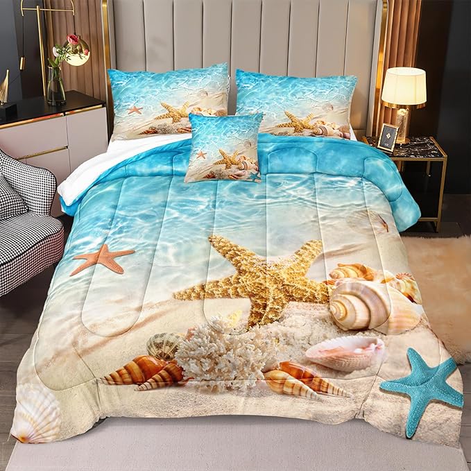 Bedbay Beachy Comforter Set King Size Coastal Bedding Set 3 Pcs Starfish Shell Conch Sea Life Printed Ocean Comforter Bedding Set Beach Themed Room Decor