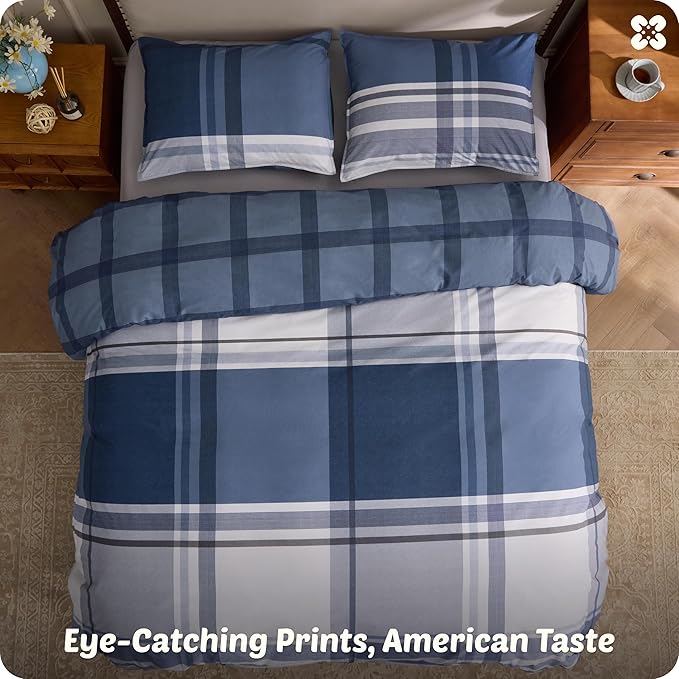Bedsure 100% Cotton Reversible Plaid Duvet Cover King Size - Classic Navy Checkered Pattern Comforter Cover with Zipper Closure & 2 Pillow Shams, Comforter Sold Separately (Navy Plaid 104"x90")