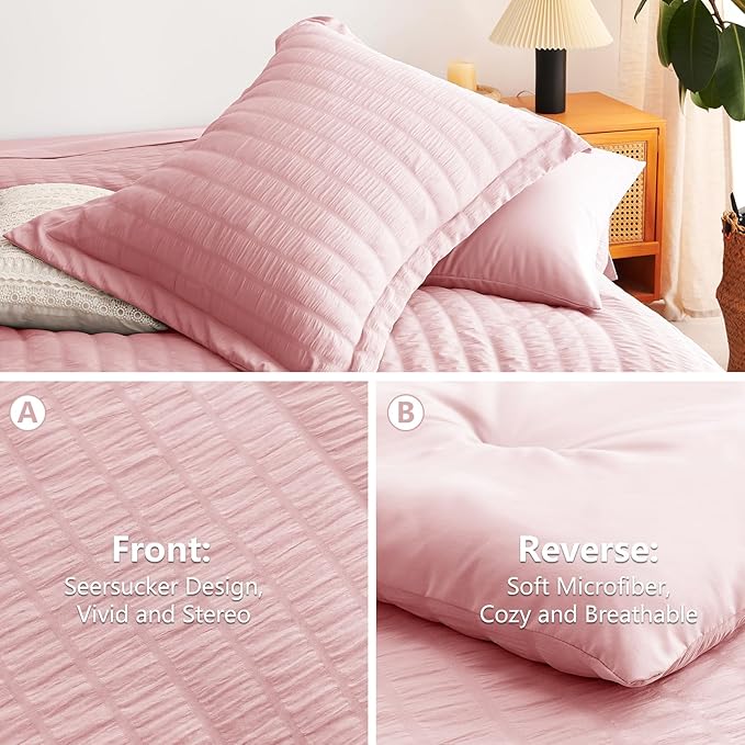 CozyLux King Size Comforter Set Pink Seersucker 7 Pieces Bed in a Bag King Comforter Set with Sheets, Luxury Bedding Sets with Down Alternative Comforter, Sheets, Pillowcases & Shams All Seasons