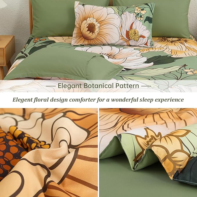 Xruibed Queen Comforter Set 7 Pieces Green Floral Comforter Set Queen Size Bed in a Bag Flower Bedding Sets Lightweight Boho Bed Set with Sheet,Pillowcases&Shams for All Season