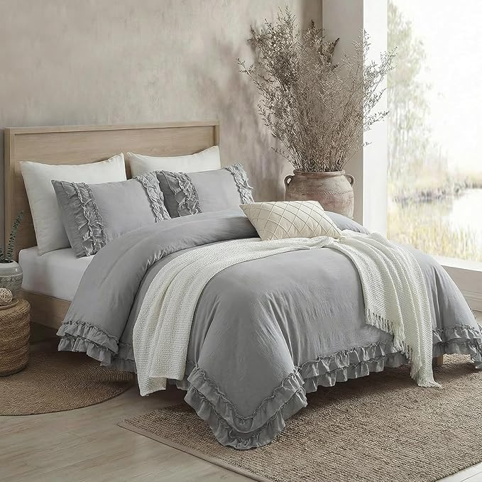 Bedorm Gray Twin Duvet Cover Set Ruffle Bedding Set Pleat Ruffled Shabby Chic Comforter Cover Extra Soft & Easy Care Gray Boho Duvet Cover with Zipper Closure