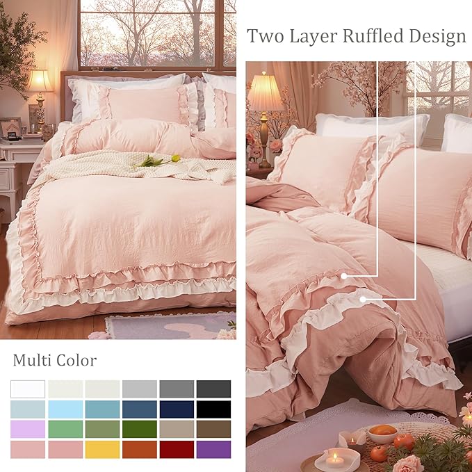 Bedorm Ruffle Duvet Cover Twin Coquette Bedding Ultra Soft Breathable Shabby Chic Bedding Pink Ruffled Duvet Cover Set Cute Comforter Cover