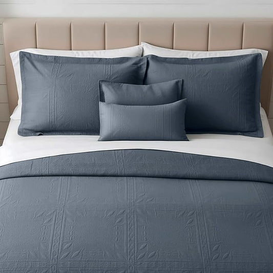 Hearth & Harbor Queen Quilt Set – All-Season Lightweight Bedspread & Coverlet with Pinsonic Weave - 7 Piece Queen Quilt Set with Pillow Shams, Steel Blue - Queen Grid