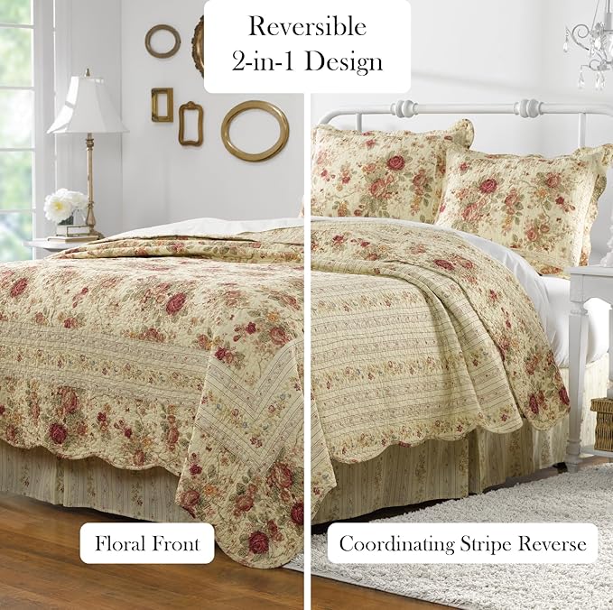 Greenland Home Antique Rose King Quilt Set, Ecru