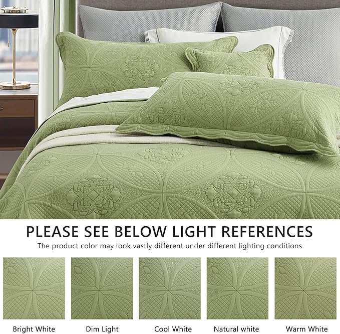 Oversized Bedspread - King Size Bedding Cover - Modern & Contemporary Coverlet Set, Real Stitching, Reversible, Lightweight, 5 Piece, Sage Green