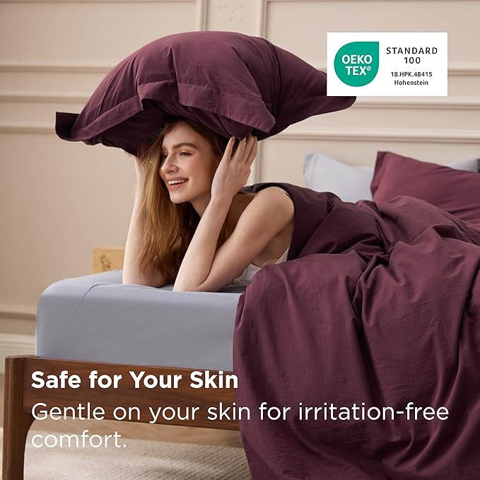 Bedsure 100% Washed Cotton Duvet Cover King Size - Burgundy Minimalist Cotton Duvet Cover Linen Like for All Seasons - GentleSoft™ Plain Simple Bedding (Burgundy, King, 104"x90")