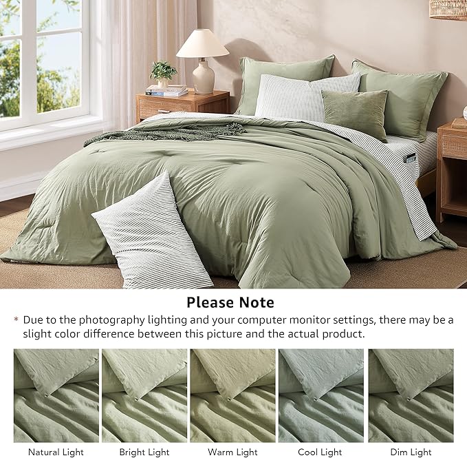 Monbix King Size Comforter Set - 7 Pieces Green Prewashed Bed in a Bag King Bedding Sets with Comforters, All Seasons Ultra Soft Comforter Bed Set with Sheets,Pillowcases & Shams