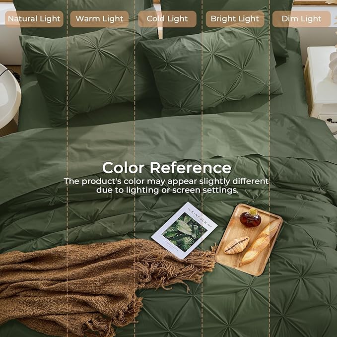 Sasttie Queen Comforter Set, 7-Piece Bed in a Bag, Pintuck Bedding Sets for All Season, Includes Comforter, Flat Sheet, Fitted Sheet, Pillowcases and Pillowshams, Dark Green