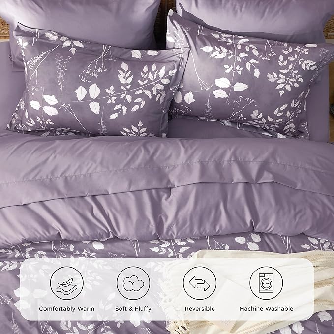 Bedsure Grayish Purple Full Comforter Set - 7 Pieces Floral Bedding Sets Full Bed in a Bag with Reversible Botanical Flowers Comforter, Sheets, Pillowcases & Shams
