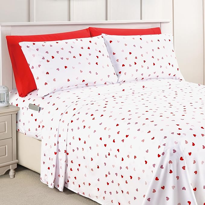 Elegant Comfort Softest and Coziest 6-Piece Sheet Set - 1500 Premium Hotel Quality Microfiber - Deep Pocket, Wrinkle Resistant 6-Piece Heart Pattern Bed Sheet Set, Queen, Valentina