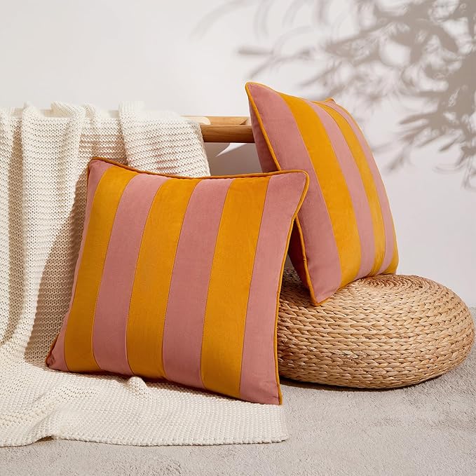 MONDAY MOOSE Decorative Throw Pillow Covers Cushion Cases, Set of 2 Soft Velvet Striped Piping Edge Designs, Pillow Inserts Not Included (20x20 inch, Pink/Honey)