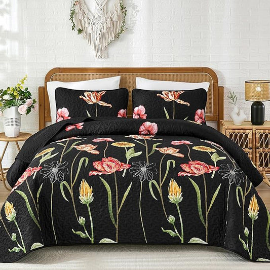 WONGS BEDDING Floral Quilt Set Queen Size, Colorful Black Red Quilt Set with 2 Pillowcase, Lightweight Spring Summer Farmhouse Coverlet Set for All Season (96"x90")