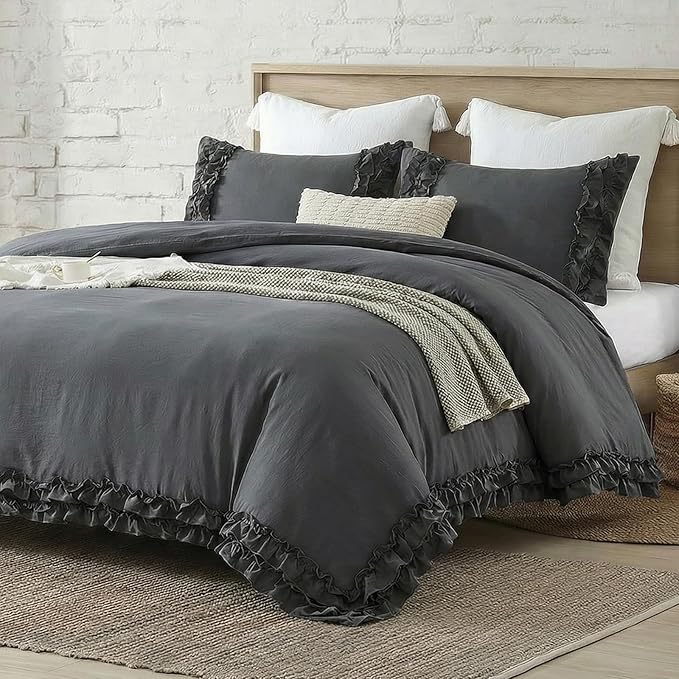 Dark Grey Ruffled Duvet Cover Queen Boho Bedding Set Gary Ruffle Fringe Shabby Chic Bedding Super Soft Cozy Farmhouse Duvet Cover Set for All Season