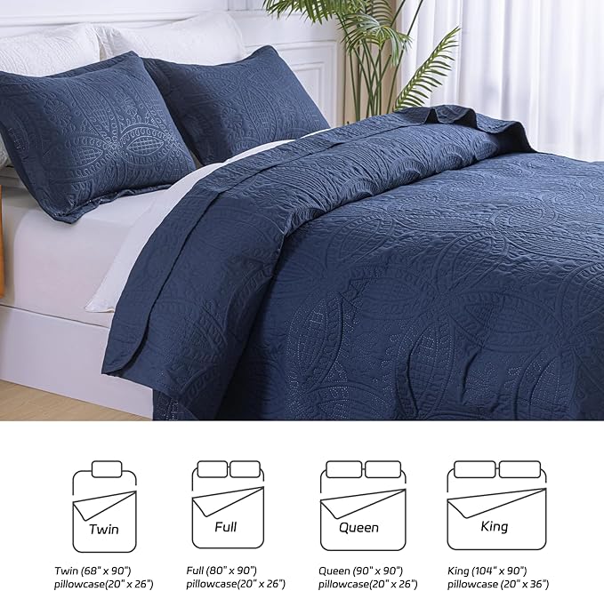SheRest King Quilt Bedding Set - Soft Breathable Bed Quilt, Modern Style Embossed Bedspreads, Lightweight Microfiber Reversible Coverlet for All Seasons, Navy Blue, 3 Pieces (1 Quilt,2 Pillow Shams)