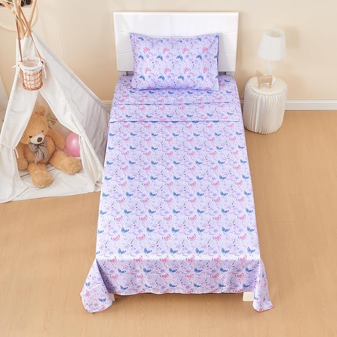 Kids Sheet Set Full Size, Girls Full Sheet Set with Floral Purple Butterfly Pattern, Breathable Silky Soft Microfiber Kids Fitted Sheet