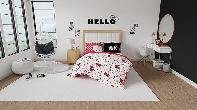 Franco Collectibles Hello Kitty Polka Dot Bedding 7 Piece Super Soft Comforter and Sheet Set with Sham, Queen, (Official Licensed Product)