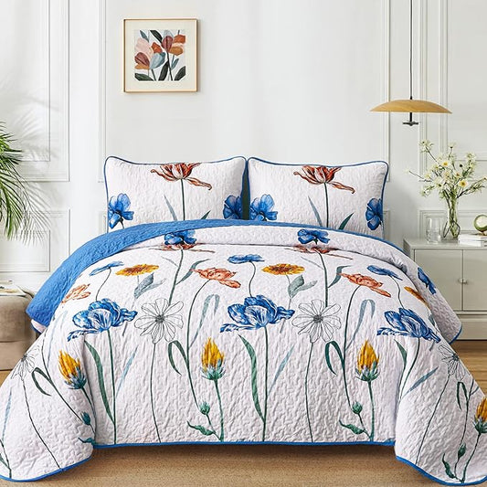 WONGS BEDDING Blue Quilt Set Queen Size,Cute Floral Botanical Bedspread Bedding Set with 2 Pillowcase,Lightweight Farmhouse Coverlet Set for All Season (96"x90")