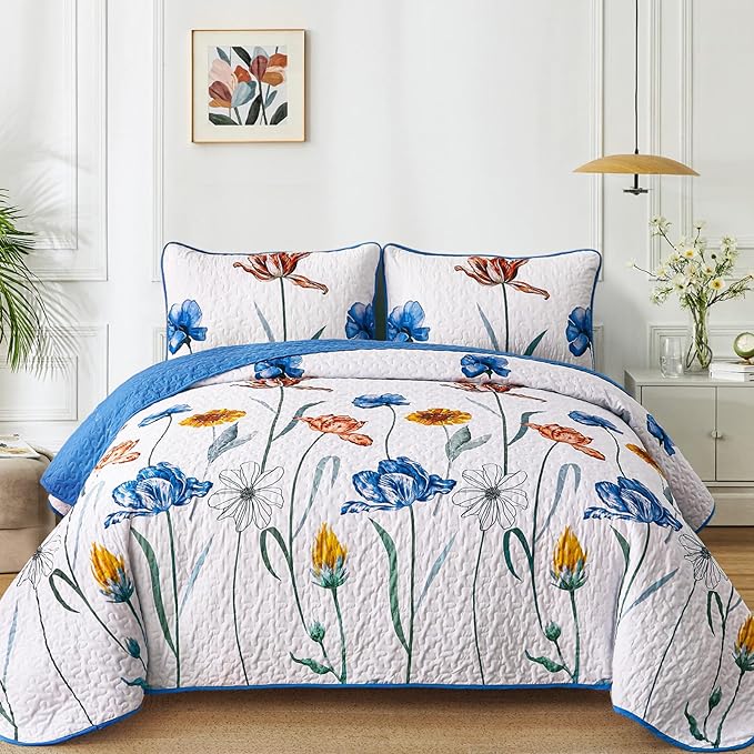 WONGS BEDDING Blue Quilt Set King Size,Cute Floral Botanical Bedspread Bedding Set with 2 Pillowcase,Lightweight Farmhouse Coverlet Set for All Season (104"x90")