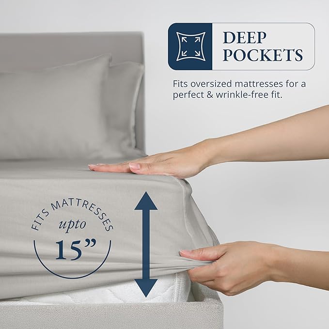 LANE LINEN 100% Organic Cotton Twin Fitted Sheets, 2-Piece Set (1 Fitted Sheet, 1 Pillowcase), Percale Weave, Lightweight, Ultra Soft, Breathable, Fits Mattress Upto 15" Deep - Silver (No Flat Sheet)
