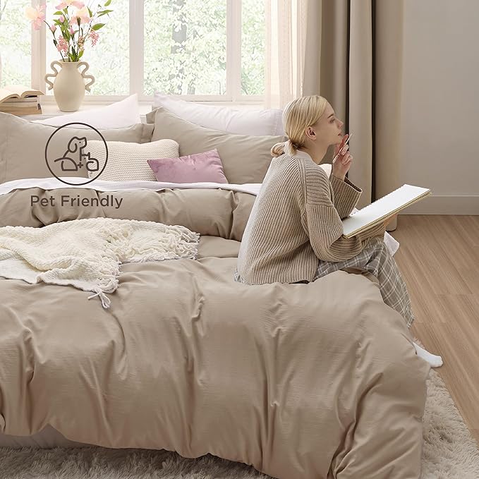 Bedsure Deep Beige Oversized King Duvet Cover - 3 Pieces Prewashed Cotton-Like Polyester Extra Soft Bedding Set, Includes 1 Duvet Cover 120x98 Inches with Zipper Closure & 2 Pillow Shams, No Comforter