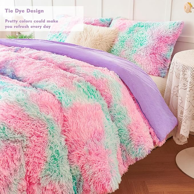 PERFEMET Pink Blue Fluffy Comforter for Girls Twin Size 3-Piece Ultra Soft Tie-Dyed Faux Fur Plush Bedding Comforter Sets Warm Cozy Tie Dyed Velvet Fuzzy Furry Bed Set for Kids Teens(Pink Blue, Twin)
