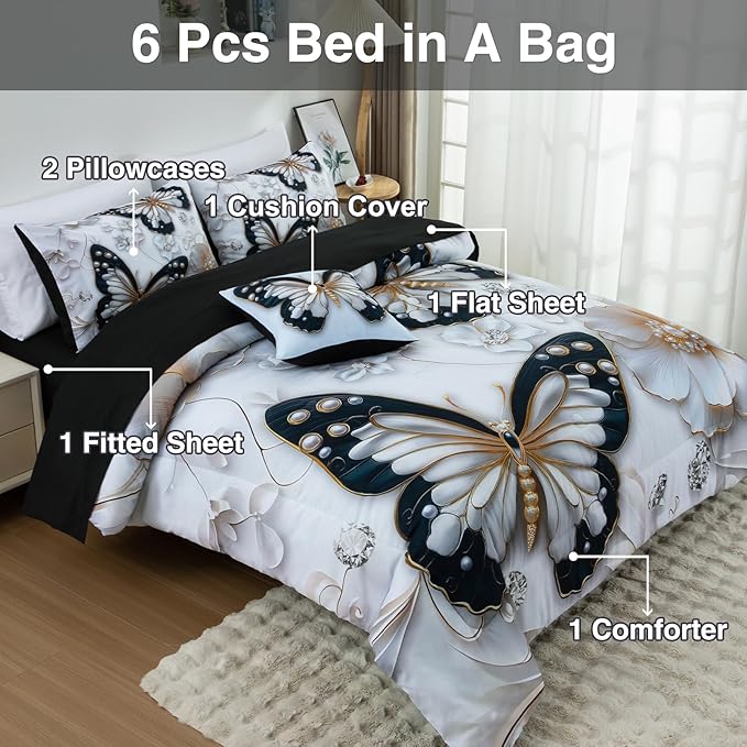 A Nice Night 6pcs Bed in A Bag Black and Glod Dreamy 3D Butterfly Printed, with Pearl Flower Design Butterflies Bedding Queen Comforter Set, for Girls Kids Teens