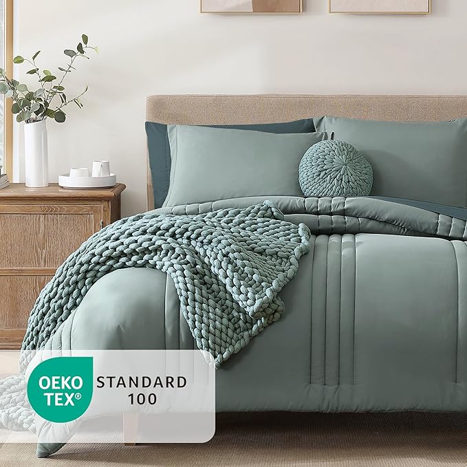 Monbix Oversized Queen Comforter Set - 7 Pieces Sage Green Bed in a Bag Oversized Queen Bedding Sets with Comforters, All Seasons Comforter Bed Set with Sheets, Pillowcases & Shams