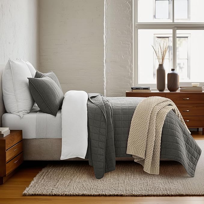 EVERGRACEHOME 100% Cotton Box Stitch Quilt Bedding Set Queen Size 3 Pieces, Garment-Washed Lightweight Soft Cozy Coverlet, Quilted Bedspread Sets with 2 Shams for All Season, Dark Gull Gray