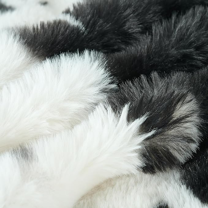 Lotus Karen Faux Fur Throw Blanket Cow Print-Black, Fluffy Fuzzy Plush Bubble Blanket for Couch, 60x50 Inches Cozy Shaggy Rabbit Blanket, Luxury Decorative Gifts for Sofa Bedroom Living Room.