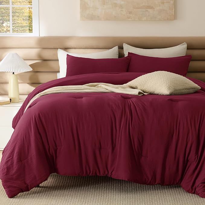 Bedsure Twin/Twin XL Comforter Set, Dark Red Soft Prewashed Bedding for All Seasons, 2 Pieces GentleSoft™ Bed Set, 1 Lightweight Comforter (68"x88") and 1 Pillowcase (20"x26")