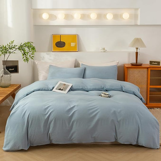 ECOCOTT 100% Washed Cotton Duvet Cover Twin Size – Soft & Breathable Linen Feel Bedding Set, 3 Pieces Light Blue Comforter Cover with Zipper Closure for All Seasons