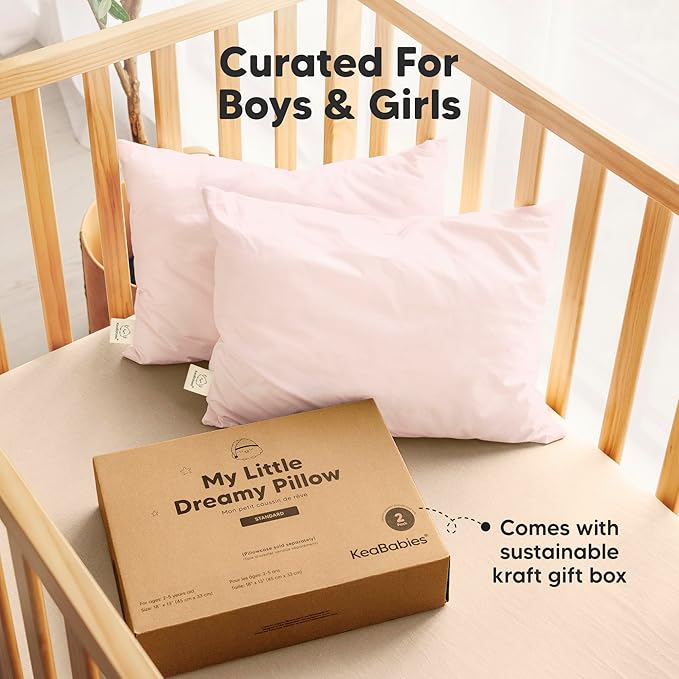 KeaBabies 2-Pack Toddler Pillows 2 Year Old to 5-13x18 Soft Organic Cotton Kids Pillow for Sleeping, Travel, School, Daycare, Nap, Toddler Bed, Machine Washable, Without Pillowcase (Mist Pink)