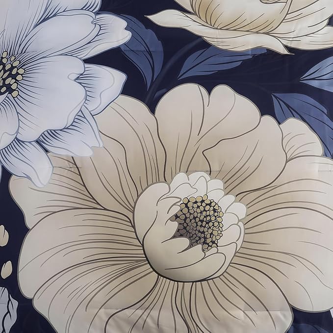 Xruibed Navy Blue Floral Comforter Set Queen Size 7 Pieces Bed in a Bag Navy Floral Comforter Flower Bedding Sets Lightweight Boho Bed Set with Sheet,Pillowcases&Shams for All Season