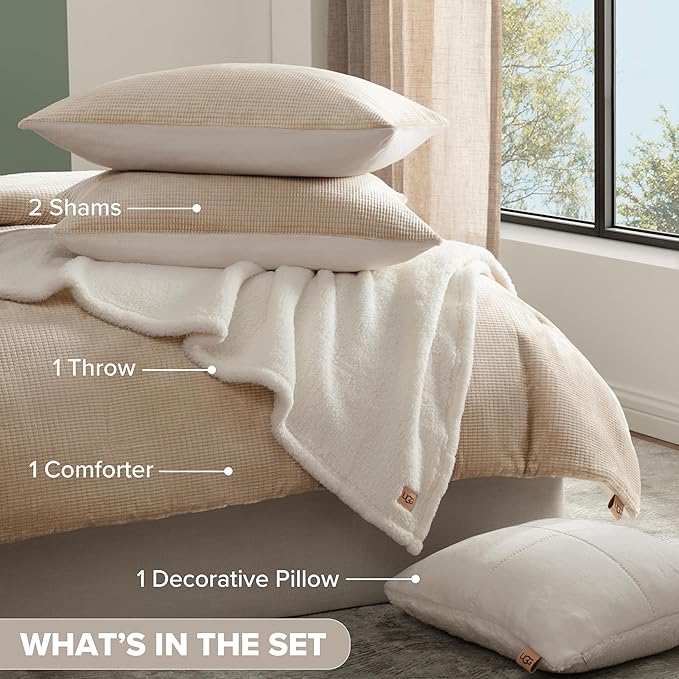 UGG Remina Comforter Set 5 Piece Bed in a Bag with Throw Blanket, Decorative Pillow, Shams, and Reversible Comforter Hypoallergenic Washable Luxury Warm Fluffy Bedding Set, Full/Queen, Brown Birch
