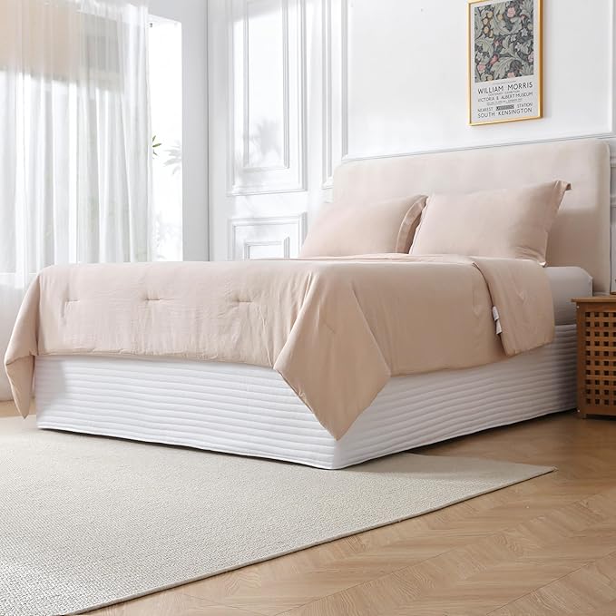 Queen Size White Bed Skirt with 14-Inch Drop, Easy Fit Wrap-Around Cover for Bed, Wrinkle-Free and Fade-Resistant Box Spring Cover.(White Stripes, Queen)