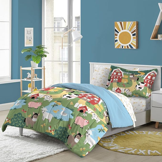 Dream Factory Kids 5-Piece Complete Bed Set Easy-Wash Super Soft Microfiber Comforter Bedding, Twin, Multi Barnyard Animals