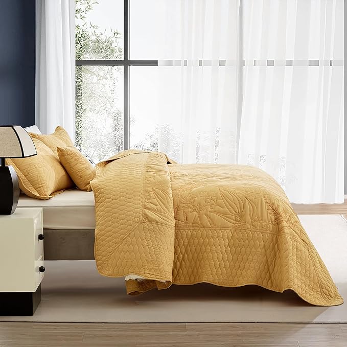 Botanical Bedspread Full Size - Leaves Pattern Stitching Quilt Set - Elegant & Fresh Style Bedding Coverlets, Reversible, Lightweight, 5 Piece, Honey Gold