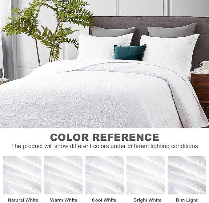 Hansleep White Quilt King Size - Baroque Ultrasonic All Season Bedspread King, Soft Lightweight Coverlet Bedding Set, 3 Pieces (1 Quilt, 2 Pillow Shams)