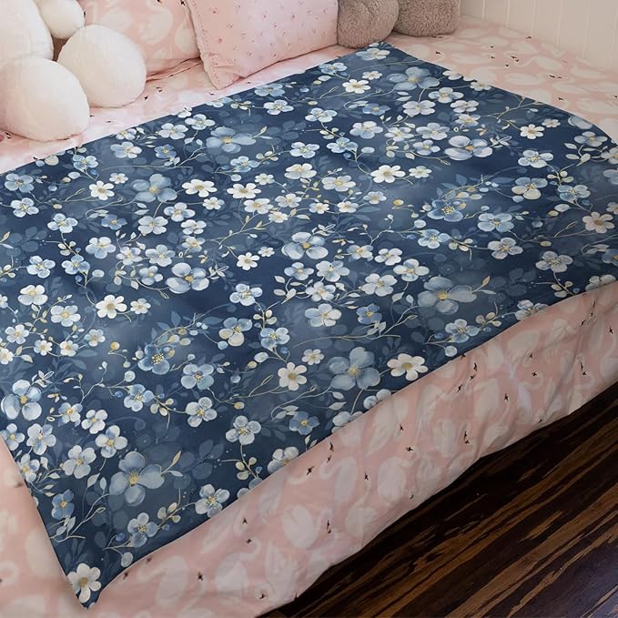 Wonderful Flowers Baby Blankets for Boy Girl Navy White Wild Flowers Leaves Receiving Swaddle Blankets Boho Spring Garden Soft Flannel Newborn Toddler Nursery Crib Bed Blankets Playmat 30x40