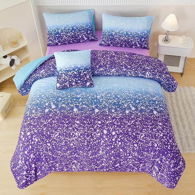 PERFEMET Purple Girls Twin Bedding Set - 6 Pieces Comforter Set with Sheets, Tie Dye Rainbow Bed-in-a-Bag, Sparkle Glitter Fluffy Kids Bedroom Bed Sets (Blue Purple, Twin)